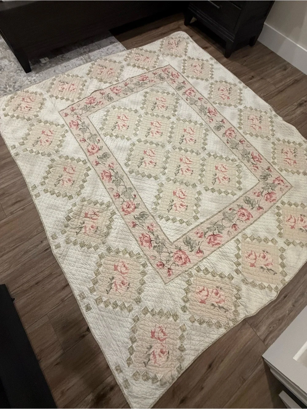 Vintage inspired Floral Patchwork Quilt - Cream with Pink Roses cottage core
